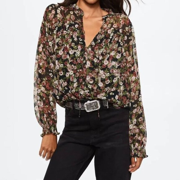Mango Tops - Mango Floral Print Sheer Blouse US 12 Black Multicolor Long Sleeve Lightweight